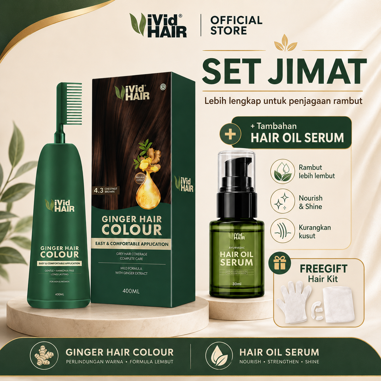 2 hadiah percuma: Premium Hair Oil Serum dan Hair Kit Lengkap